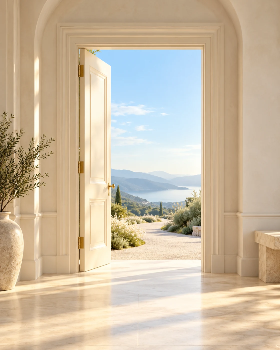An open ivory door leading to a sunlit path and blue sky